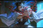  1729shun 1boy absurdres black_border black_hair border choso_(jujutsu_kaisen) closed_mouth curtained_hair facial_mark fingernails hemokinesis highres indoors jujutsu_kaisen letterboxed looking_at_viewer male_focus own_hands_together robe short_hair short_twintails solo straight-on twintails white_robe 