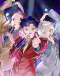  3boys androgynous arm_up bishoujo_senshi_sailor_moon bishoujo_senshi_sailor_moon_stars bishounen black_hair black_shirt blue_eyes blue_necktie brown_hair collared_shirt commentary_request crescent crescent_earrings earrings finger_heart green_eyes green_shirt grey_jacket grey_pants grey_shirt grey_suit hand_up heart_arms heart_arms_duo highres holding holding_microphone jacket jewelry lapels long_hair looking_at_viewer low_ponytail male_focus microphone multiple_boys necktie one_eye_closed open_mouth p_m_ame pants ponytail purple_eyes red_jacket red_necktie red_suit seiya_kou shirt singing smile stage stage_lights standing suit sweatdrop taiki_kou upper_body v-shaped_eyebrows white_hair yaten_kou yellow_jacket yellow_necktie yellow_pants yellow_suit 