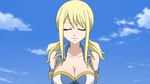  1girl animated animated_gif blonde_hair bouncing_breasts breasts cleavage fairy_tail large_breasts lucy_heartfilia talking twintails 