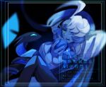  1boy apple blue_eyes blue_skin brooch colored_eyelashes colored_skin commentary_request cookie_run cookie_run:_kingdom food fruit hat humanization jester_cap jewelry long_hair long_sleeves male_focus mismatched_eyelashes neck_ruff puffy_long_sleeves puffy_sleeves shadow_milk_cookie simple_background user_wryr3254 very_long_hair white_hair 