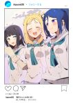  3girls aqours_3rd_years aqua_neckerchief blonde_hair blue_eyes blue_hair braid breasts closed_eyes commentary_request crown_braid fake_screenshot hair_intakes hair_rings highres holding instagram kurosawa_dia love_live! love_live!_sunshine!! matsuura_kanan medium_breasts mole mole_under_mouth multiple_girls neckerchief ohara_mari open_mouth pleated_skirt ponytail purple_eyes school_uniform serafuku single_hair_ring skirt small_breasts smile tearing_up translation_request uranohoshi_school_uniform wolf_ggwin 