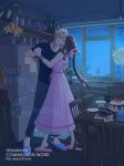 1boy 1girl aerith_gainsborough arm_around_another's_back bare_shoulders birthday_cake black_shirt blue_eyes blue_slippers bracelet braid braided_ponytail breasts cake chair choker cloud_strife commission couple dancing dress final_fantasy final_fantasy_vii final_fantasy_vii_remake flower food full_body gold_bangle grey_pants hair_ribbon hetero highres holding_hands indoors jewelry kitchen lida_(lidalida04) lily_(flower) long_dress long_hair looking_at_another medium_breasts multiple_bracelets musical_staff pants parted_bangs pink_dress pink_ribbon pink_slippers plant polaroid_camera potted_plant refrigerator ribbon sharp_teeth shirt short_hair sidelocks silver_bangle single_braid sink sleeveless sleeveless_dress slippers t-shirt table teeth twitter_username window yellow_flower 