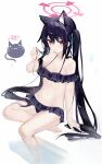  1girl animal_ear_fluff animal_ears arm_at_side bare_shoulders barefoot bikini black_bikini black_hair blue_archive blue_ribbon blush breasts cat_ears cat_girl cleavage closed_mouth commentary extra_ears foot_out_of_frame frilled_bikini frills frown hair_between_eyes hair_ribbon halo halterneck hand_up highres holding_own_hair long_hair looking_at_viewer mao_mao_x navel off-shoulder_bikini off_shoulder official_alternate_costume pink_halo red_eyes ribbon ripples serika_(blue_archive) serika_(swimsuit)_(blue_archive) sidelocks simple_background sitting small_breasts soaking_feet solo stomach straight_hair swimsuit thighs v-shaped_eyebrows very_long_hair water wet white_background 