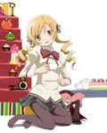  blonde_hair bow bowtie cake cape charlotte_(madoka_magica) cup doll drill_hair food frilled_shirt frills hair_ornament head_tilt highres hina_ningyou jewelry kinfuji long_sleeves looking_at_viewer mahou_shoujo_madoka_magica open_mouth pantyhose pleated_skirt ring school_uniform shirt skirt smile soul_gem stairs tea_set teacup tomoe_mami twin_drills yellow_eyes 