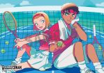  1boy 1girl :d ball black_hair blue_eyes blush brown_hair collared_shirt commentary_request copyright_logo copyright_notice eye_contact hairband headband holding holding_ball holding_tennis_racket knee_up knees_up kyougoku_makoto logo looking_at_another meitantei_conan meitantei_conan_card_game miniskirt official_art open_mouth outdoors pastel_colors pleated_skirt racket red_hairband red_headband red_shirt sample_watermark shirt shoes short_hair short_sleeves shorts sitting skirt smile sneakers socks sportswear suzuki_sonoko sweat tennis_ball tennis_court tennis_racket tennis_uniform towel towel_around_neck ukata watermark white_shoes white_shorts white_skirt white_socks 