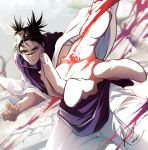  1boy black_hair blood brown_eyes choso_(jujutsu_kaisen) facial_mark hemokinesis highres jujutsu_kaisen long_sleeves renonorakugaki short_hair solo 