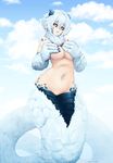  artist_name barbariank black_sclera breasts claws cloud covering covering_breasts day fur head_tilt highres horns lamia large_breasts looking_at_viewer monster_girl navel nude original parted_lips paws pointy_ears scales shenti_(sub-res) short_hair signature sky solo white_fur white_hair yellow_eyes 