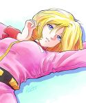  1girl 2026 absurdres belt blonde_hair blue_eyes breasts collared_jacket commentary_request dated earth_federation earth_federation_space_forces gundam highres jacket kobakin long_hair looking_at_viewer lying medium_hair military_uniform mobile_suit_gundam on_back parted_lips pink_jacket sayla_mass science_fiction shiny_lips shoulder_boards small_breasts soldier solo underboob 