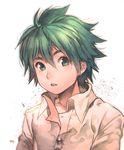  :o blush buttons collarbone collared_shirt dress_shirt green_eyes green_hair hair_between_eyes head_tilt kawacy looking_at_viewer male_focus mitsuru_(pokemon) pokemon pokemon_(game) pokemon_oras pokemon_rse round_teeth shirt simple_background solo teeth upper_body white_background white_shirt 