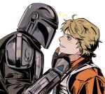  2boys armor blue_eyes din_djarin foundlngs from_side helmet jumpsuit luke_skywalker male_focus mandalorian mandalorian_helmet multiple_boys orange_jumpsuit simple_background star_wars the_mandalorian upper_body white_background yaoi 