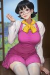 1girl artist_name bilingual_commentary black_hair breasts commentary doraemon dress earrings english_commentary glasses highres jewelry lips long_sleeves mixed-language_commentary neoartcore nobi_tamako parted_lips pinafore_dress pink_dress round_eyewear sitting sleeveless sleeveless_dress thai_commentary thighhighs 