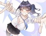  1girl absurdres alternate_costume black_skirt black_thighhighs blue_eyes blue_hair blue_necktie blush breasts cleavage collared_shirt commentary double_v english_commentary fang gyaru hair_between_eyes hair_intakes hair_ornament hairclip highres hololive hololive_english large_breasts looking_at_viewer looking_up loose_necktie necktie nurizza_ilst ouro_kronii partially_unbuttoned pleated_skirt ponytail shirt skin_fang skirt sleeves_rolled_up smile solo teeth thighhighs v virtual_youtuber white_shirt 