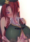  bad_id bad_pixiv_id bare_shoulders blue_eyes blush braid breasts chinese_clothes covered_nipples hair_over_one_eye hair_ribbon hat highres hong_meiling inverted_nipples large_breasts long_hair looking_at_viewer open_mouth puffy_nipples red_hair ribbon shirt simple_background sleeveless sleeveless_shirt smile solo sweat touhou tress_ribbon try twin_braids undressing white_background 