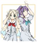  2girls absurdres aqua_neckerchief blonde_hair blue_dress blue_eyes blue_hair colored_tips dress flower green_eyes hair_bun hair_flower hair_ornament hasu_no_sora_school_uniform highres holding_hands index_finger_raised interlocked_fingers long_hair love_live! love_live!_hasu_no_sora_jogakuin_school_idol_club multicolored_hair multiple_girls neckerchief notice_lines osawa_rurino otomune_kozue parted_bangs parted_lips purple_hair red_flower red_neckerchief sailor_collar sailor_dress school_uniform short_sleeves side_ponytail sidelocks single_side_bun sugaryu_(su37347929d) summer_uniform tassel tassel_hair_ornament twintails virtual_youtuber white_sailor_collar 