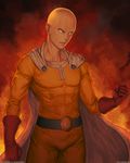  abs bald belt cape clenched_hands cowboy_shot fiery_background fire gloves male_focus marfrey one-punch_man parted_lips saitama_(one-punch_man) solo standing superhero 