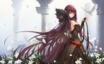  bare_shoulders bird black_hair breasts dove dress fate/apocrypha fate/stay_night fate_(series) flower highres long_hair medium_breasts pointy_ears semiramis_(fate) solo yuki_(clydtc) 