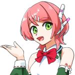  1girl alternate_hairstyle apron arm_tattoo bare_shoulders bow bowtie collared_apron commentary_request detached_sleeves dress green_dress hair_ornament hairclip hand_up looking_at_viewer momone_momo open_mouth pink_hair red_bow red_bowtie ribbon robot_ears saruyama_ushirou short_hair simple_background smile solo tattoo utau white_apron white_background white_ribbon 