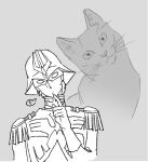  1boy ? capelet cat char_aznable combat_helmet commentary_request epaulettes eye_mask gloves grey_background greyscale gundam head_tilt helmet highres jacket looking_at_viewer male_focus mask military_uniform mobile_suit_gundam monochrome pronakser science_fiction solo speech_bubble spoken_question_mark zeon 