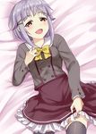  :d blush brown_eyes hair_ornament hairclip idolmaster idolmaster_cinderella_girls koshimizu_sachiko looking_at_viewer mintol_(qool+) open_mouth purple_hair short_hair skirt smile solo thighhighs 