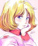  1girl 2024 absurdres artist_name blonde_hair blue_eyes blush collared_jacket commentary_request dated earth_federation earth_federation_space_forces embarrassed gundam hand_on_own_chin head_rest highres jacket kobakin long_sleeves looking_at_viewer medium_hair military_rank_insignia military_uniform mobile_suit_gundam pink_jacket sayla_mass science_fiction shoulder_boards signature simple_background soldier solo upper_body 