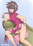  androgynous blush brown_eyes brown_hair china_dress chinese_clothes crossdressing dress erect_nipples hairband kakugari_kyoudai lips looking_at_viewer penis precum trap 