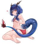  1girl arknights armpits ass barefoot bikini blue_hair blue_tail blush breasts brown_horns chen_zhaoqian_(arknights) commentary_request dragon_girl dragon_horns dragon_tail eastern_dragon_horns eastern_dragon_tail feet from_behind full_body half-closed_eyes heart highres horns icenight jellyfish_cut long_hair looking_at_viewer looking_back mole mole_under_eye red_bikini side-tie_bikini_bottom sitting small_breasts soles solo spoken_heart swimsuit tail wariza white_background 