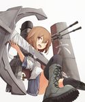  :d ahoge anchor beize_(garbage) black_legwear black_ribbon blush boots brown_eyes brown_hair cannon cross-laced_footwear fang grey_footwear hair_between_eyes highres holding ikazuchi_(kantai_collection) kantai_collection knee_boots lace-up_boots looking_to_the_side looking_up machinery neckerchief open_mouth pleated_skirt propeller railing red_ribbon ribbon shoe_soles shoelaces short_hair simple_background sitting skirt smile solo tareme thighhighs tooth turret white_background zettai_ryouiki 