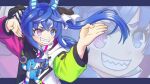  1girl @_@ ahoge animal_ears blue_eyes blue_hair blush coat commentary_request crossed_bangs drawstring ellenuen fighting_stance g_gundam grin gundam heterochromia highres hood hooded_coat hoodie horse_ears horse_girl letterboxed long_hair long_sleeves master_asia multicolored_coat multicolored_hoodie open_mouth purple_eyes sharp_teeth smile solo stuffed_animal stuffed_rabbit stuffed_toy teeth twin_turbo_(blast_mode!_turbo_engine)_(umamusume) twin_turbo_(umamusume) twintails umamusume zoom_layer 