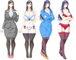  blue_eyes bra breasts brown_hair formal game_cg gigantic_breasts highres hips lingerie long_hair multiple_girls office_lady panties pencil_skirt shirt simple_background skirt skirt_suit skyhouse suit teacher thighhighs underwear underwear_only white_background 