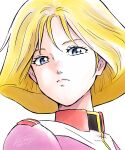  1girl 2026 absurdres blonde_hair blue_eyes collared_jacket commentary_request dated earth_federation earth_federation_space_forces expressionless gundam highres jacket kobakin looking_at_viewer medium_hair military_rank_insignia military_uniform mobile_suit_gundam pink_jacket sayla_mass science_fiction shoulder_boards signature simple_background soldier solo upper_body white_background 