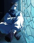  1boy black_hair brown_eyes choso_(jujutsu_kaisen) crossed_arms facial_mark highres japanese_clothes jujutsu_kaisen male_focus renonorakugaki short_hair sitting solo 