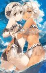  2girls :o asian_indian_clothes ass baisi_shaonian bare_shoulders bikini bird black_bikini black_hairband bracelet breasts brown_eyes cloud cloudy_sky cowboy_shot dark-skinned_female dark_skin day from_side game_asset hairband hand_on_another's_ass head_chain highres horns jewelry leg_between_thighs looking_at_viewer medium_breasts multiple_girls navel official_art open_mouth outdoors saraana see-through_clothes short_hair siblings sideboob single_horn sisters sky small_breasts standing swimsuit tattoo third-party_source triangle_bikini_top twins underboob uruuru utawarerumono:_itsuwari_no_kamen utawarerumono:_lost_flag utawarerumono_(series) wading wet white_bikini white_hair white_hairband wrist_tattoo 