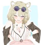  1boy 1girl animal_ear_fluff animal_ears arknights bar_censor bikini blue_background blush bracelet braid braided_sidelocks breasts breasts_squeezed_together brown_hair censored cleavage clothed_sex commentary cum cum_on_body cum_on_breasts ejaculation eyewear_on_head facial front-tie_bikini_top front-tie_top grabbing_own_breast grey_bikini hair_ornament hairclip hetero highres jewelry large_breasts looking_at_viewer medium_hair multicolored_bikini nail_art official_alternate_costume one_eye_closed open_mouth outline paizuri paizuri_under_clothes penis pov projectile_cum purple-tinted_eyewear purple_eyes round_eyewear sabatora_(38ttler) sidelocks simple_background smile solo_focus sound_effects speech_bubble striped_bikini striped_clothes sunglasses swimsuit swimsuit_cover-up tinted_eyewear twin_braids two-tone_bikini upper_body utage_(arknights) utage_(summer_flowers)_(arknights) vertical-striped_bikini vertical-striped_clothes white_bikini white_outline wristband x_hair_ornament 
