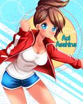  1girl artist_request asahina_aoi blue_eyes brown_hair danganronpa dark_skin hair_ornament shorts sportswear tagme 