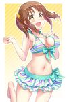  bikini blush breasts brown_eyes brown_hair idolmaster idolmaster_cinderella_girls large_breasts mintol_(qool+) open_mouth smile solo striped striped_bikini swimsuit totoki_airi twintails 