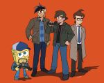  blue_eyes brown_hair danny_phantom danny_phantom_(character) glasses gun highres izzy_(izbubbles) jimmy_neutron jimmy_neutron_(series) looking_at_viewer male_focus multiple_boys necktie pants shirt short_hair smile spongebob_squarepants spongebob_squarepants_(series) the_fairly_oddparents timmy_turner weapon 