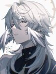  1boy bishounen black_shirt commentary_request curtained_hair double-parted_bangs grey_hair hair_between_eyes halo halo_behind_head head_wings highres honkai:_star_rail honkai_(series) icestar_9 jellyfish_cut long_hair looking_to_the_side male_focus portrait shirt sideways_glance slit_pupils solo sunday_(honkai:_star_rail) upper_body white_background wings yellow_eyes 