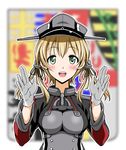  blonde_hair blurry blush breasts depth_of_field gloves green_eyes hat kantai_collection large_breasts looking_at_viewer open_mouth peaked_cap prinz_eugen_(kantai_collection) smile solo twintails upper_body yoshitani_motoka 