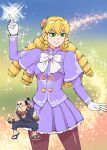  1boy 1girl :> akuma_(street_fighter) akuma_(street_fighter)_(cosplay) akuyaku_reijou_tensei_ojisan balding beads black_dougi blonde_hair brown_pantyhose commentary_request cosplay dougi fingerless_gloves frilled_skirt frills glasses gloves grace_auvergne green_eyes hairpods highres ingrid_(capcom) ingrid_(capcom)_(cosplay) jacket long_sleeves multiple_drills pantyhose prayer_beads purple_jacket purple_skirt ribbon sandals skirt smile street_fighter street_fighter_6 tondabayashi_kenzaburou topknot ueyama_michirou white_gloves white_ribbon 