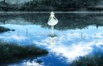  bad_id bad_pixiv_id closed_eyes cloud day different_reflection dress fog forest glowing grass kazami_(kuroro) lake light_particles nature original pale_skin reflection scenery short_hair skirt_hold sky solo standing standing_on_liquid tree water white_dress 