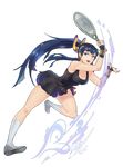  blue_eyes blue_hair breasts cleavage full_body highres kachina long_hair medium_breasts nephthys_(p&amp;d) puzzle_&amp;_dragons racket shoes skirt smile sneakers socks solo sportswear tennis_racket tennis_uniform transparent_background very_long_hair wristband 