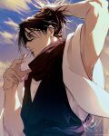  1boy black_hair brown_eyes choso_(jujutsu_kaisen) commentary_request facial_mark highres japanese_clothes jujutsu_kaisen outdoors renonorakugaki short_hair solo 