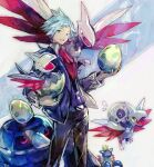  1boy armaldo aron ascot belt black_jacket black_pants blue_hair commentary_request egg grey_belt holding holding_egg jacket kantarou_(8kan) long_sleeves looking_at_viewer male_focus metang open_mouth pants pokemon pokemon_(creature) pokemon_egg pokemon_omega_ruby_and_alpha_sapphire red_ascot short_hair skarmory steven_stone 