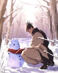  1boy black_hair brown_eyes choso_(jujutsu_kaisen) closed_mouth commentary_request facial_mark highres itadori_yuji japanese_clothes jujutsu_kaisen male_focus outdoors red_scarf renonorakugaki scarf short_hair snow snowman solo 