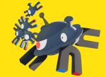  commentary_request ewokakukaede floating magnemite magnet magneton magnezone metal_skin no_humans one-eyed pokemon pokemon_(creature) pokemon_focus radio_antenna red_eyes screw yellow_background 