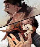  2boys black_hair blood brown_eyes choso_(jujutsu_kaisen) commentary_request facial_mark highres itadori_yuji jujutsu_kaisen jujutsu_tech_uniform multiple_boys open_mouth pink_hair renonorakugaki scar scar_on_face short_hair 