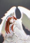  1girl angel_wings blunt_bangs commentary dress feet_out_of_frame frilled_dress frilled_hairband frills grey_background hair_ornament hair_ribbon hairband highres ilkaillust lolita_fashion long_hair long_sleeves looking_at_viewer parted_lips persona persona_3 red_hair ribbon signature solo squatting untranslatable_commentary white_dress white_ribbon white_wings wings yoshino_chidori 