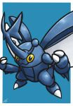  antennae beetle black_eyes blue_background bug claws colored_sclera commentary_request ewokakukaede heracross highres horns insect_wings looking_at_viewer no_humans pokemon pokemon_(creature) pokemon_focus single_horn wings yellow_sclera 