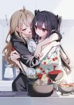  2girls ahoge apron black_hair black_horns black_shirt blonde_hair bowl cherry_print commentary_request cooking cooking_pot couple double-parted_bangs drooling eguchi-san_chi_no_junjou_succubus eguchi_hibiki food_print fruit_print holding holding_bowl holding_ladle horns hug hug_from_behind huge_ahoge indoors kitchen kudo_eru ladle long_hair looking_at_another looking_to_the_side mouth_drool multiple_girls official_art open_mouth pointy_ears print_apron raised_inner_eyebrows red_eyes shirt small_horns standing steam steaming_food stew stove three-quarter_sleeves translation_request turning_head white_apron white_shirt yozaki_mia yuri 