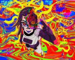  1girl acid_trip android body_armor colored_tongue commentary cyberpunk dokkaebi333 english_commentary exposed_internal_machinery fang forehead_jewel glitch highres kolibri_(signalis) mechabare mechanical_legs purple_tongue ringed_eyes robot_girl signalis skin_fang skin_seams solo 